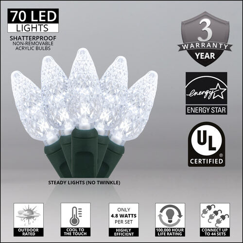 70 C6 Cool White LED Christmas Lights, Green Wire, 4" Spacing