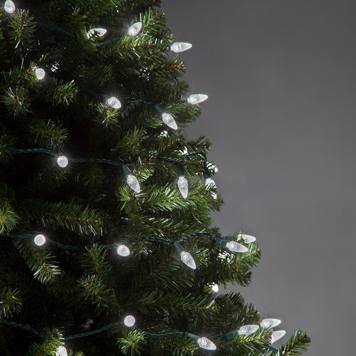 70 C6 Cool White LED Christmas Lights, Green Wire, 4" Spacing