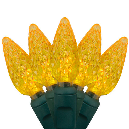 70 C6 Gold LED Christmas Lights, Green Wire, 4" Spacing