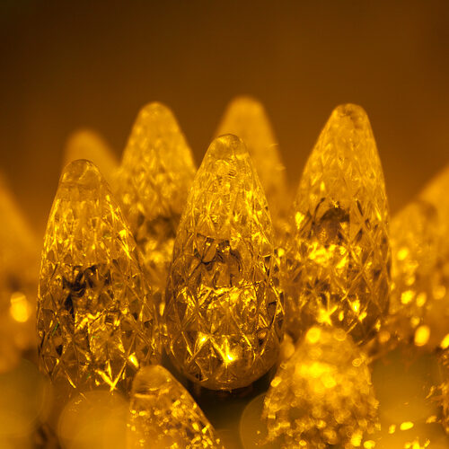 70 C6 Gold LED Christmas Lights, Green Wire, 4" Spacing