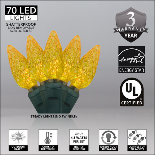 70 C6 Gold LED Christmas Lights, Green Wire, 4" Spacing