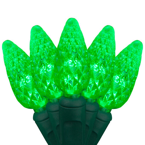 70 C6 Green LED Christmas Lights, Green Wire, 4" Spacing