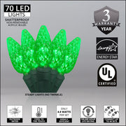 70 C6 Green LED Christmas Lights, Green Wire, 4" Spacing