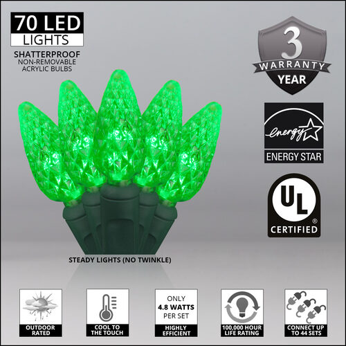 70 C6 Green LED Christmas Lights, Green Wire, 4" Spacing