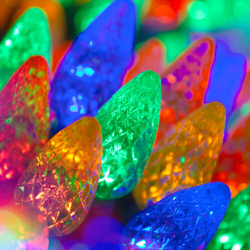 70 C6 Multi Color LED Christmas Lights, Green Wire, 4" Spacing