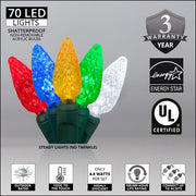 70 C6 Multi Color LED Christmas Lights, Green Wire, 4" Spacing