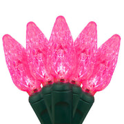 70 C6 Pink LED Christmas Lights, Green Wire, 4" Spacing