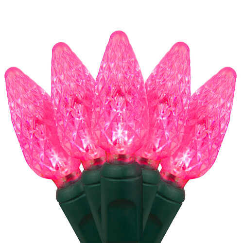 70 C6 Pink LED Christmas Lights, Green Wire, 4" Spacing