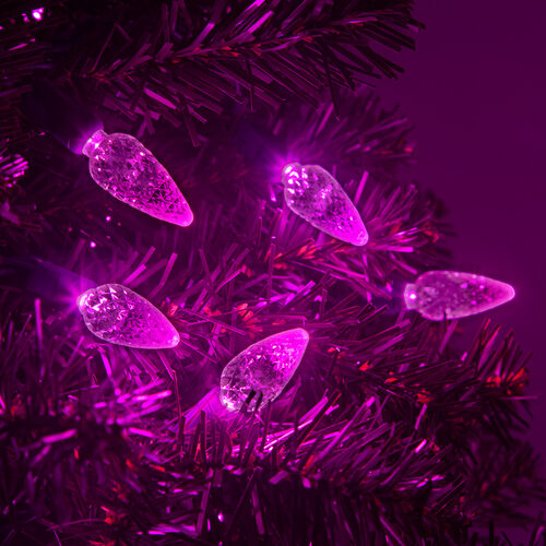 70 C6 Pink LED Christmas Lights, Green Wire, 4" Spacing