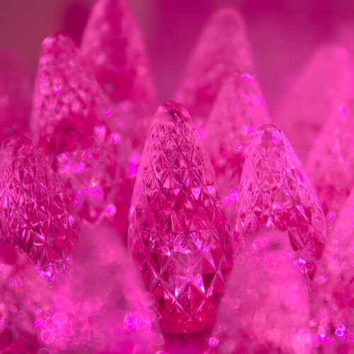 70 C6 Pink LED Christmas Lights, Green Wire, 4" Spacing