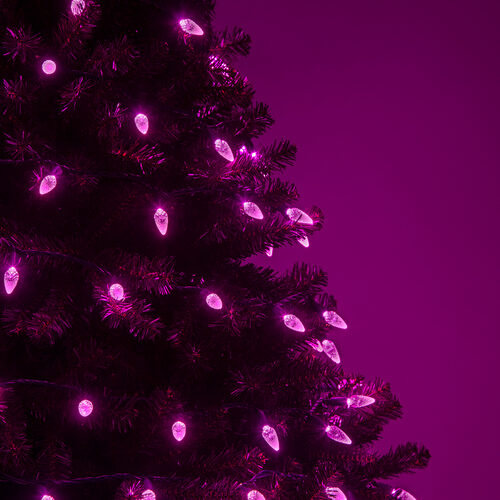 70 C6 Pink LED Christmas Lights, Green Wire, 4" Spacing