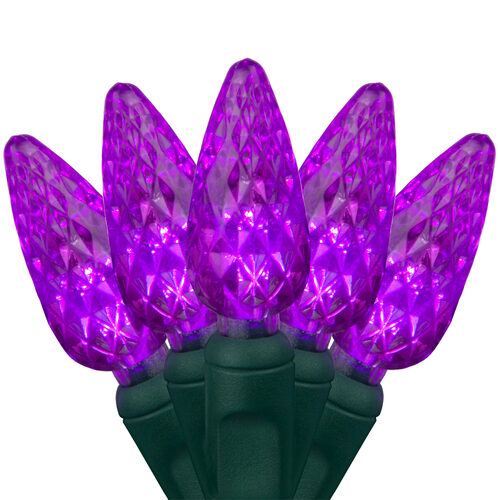 70 C6 Purple LED Christmas Lights, Green Wire, 4" Spacing
