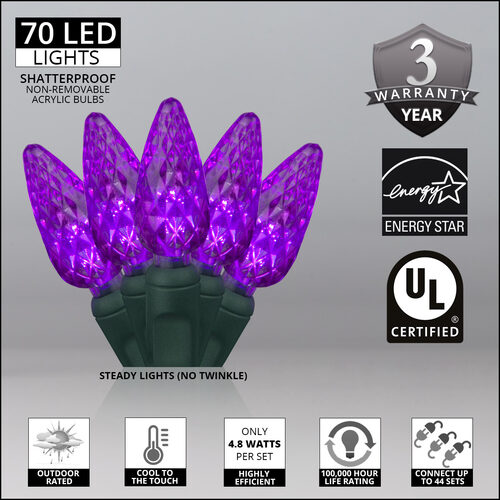 70 C6 Purple LED Christmas Lights, Green Wire, 4" Spacing