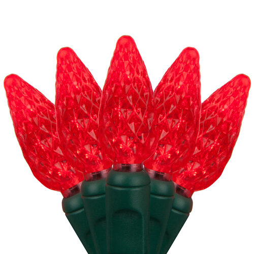 70 C6 Red LED Christmas Lights, Green Wire, 4" Spacing