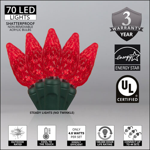 70 C6 Red LED Christmas Lights, Green Wire, 4" Spacing