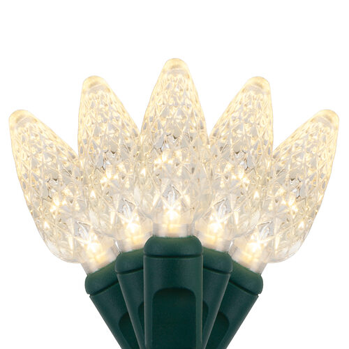 70 C6 Warm White LED Christmas Lights, Green Wire, 4" Spacing