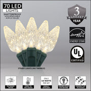 70 C6 Warm White LED Christmas Lights, Green Wire, 4" Spacing