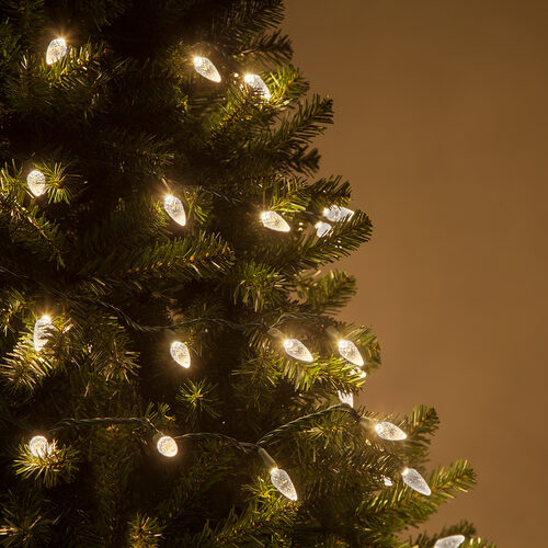 70 C6 Warm White LED Christmas Lights, Green Wire, 4" Spacing