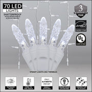 70 Cool White M5 LED Icicle Lights on White Wire