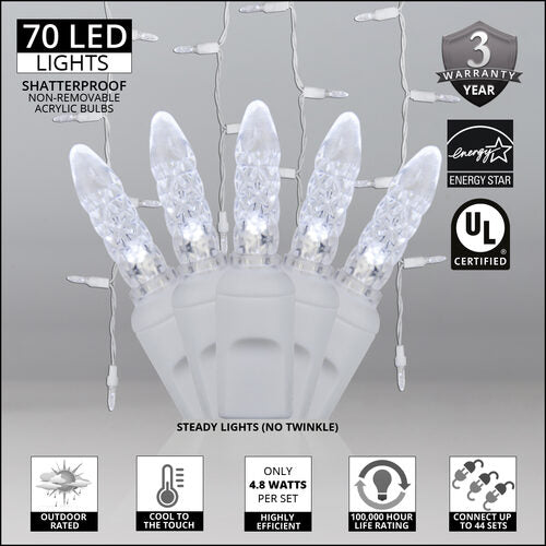 70 Cool White M5 LED Icicle Lights on White Wire