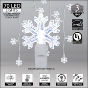 70 Cool White Snowflake LED Icicle Lights on White Wire