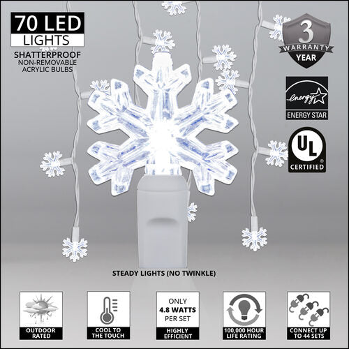 70 Cool White Snowflake LED Icicle Lights on White Wire