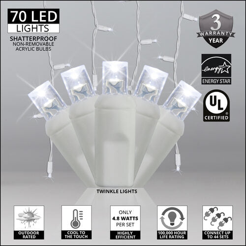 70 Cool White Twinkle 5mm LED Icicle Lights on White Wire