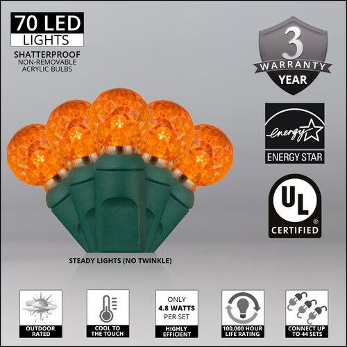 70 G12 Amber LED String Lights, Green Wire, 4" Spacing