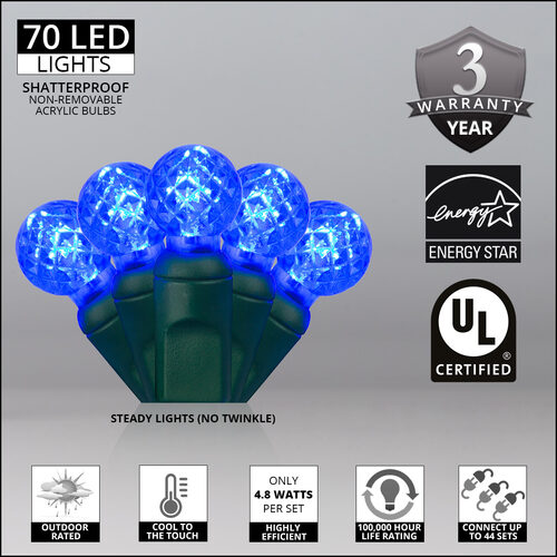 70 G12 Blue LED String Lights, Green Wire, 4" Spacing