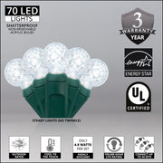 70 G12 Cool White LED String Lights, Green Wire, 4" Spacing