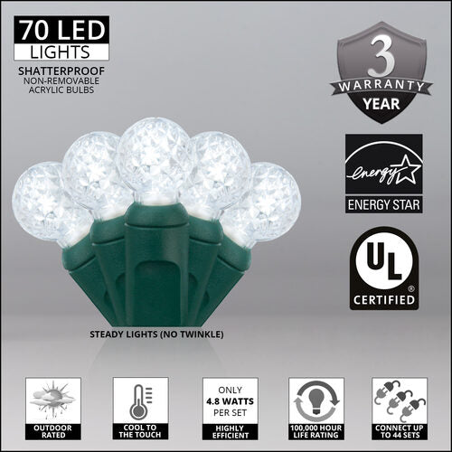 70 G12 Cool White LED String Lights, Green Wire, 4" Spacing