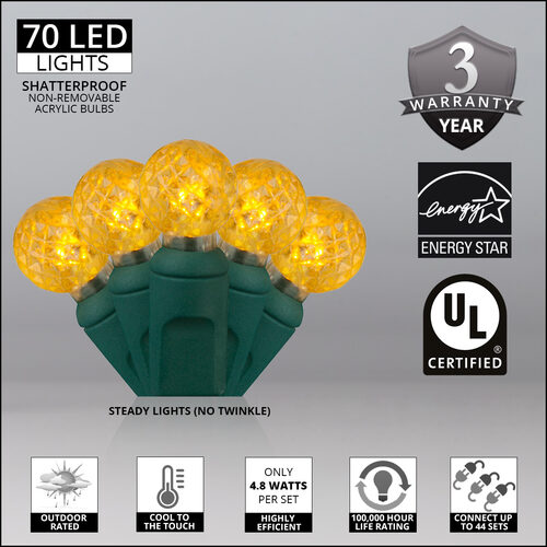 70 G12 Gold LED String Lights, Green Wire, 4" Spacing