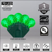70 G12 Green LED String Lights, Green Wire, 4" Spacing