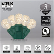 70 G12 Warm White LED String Lights, Green Wire, 4" Spacing