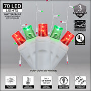 70 Green, Red 5mm LED Icicle Lights on White Wire