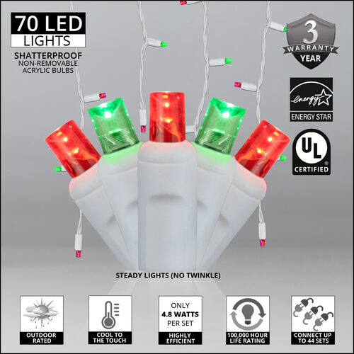 70 Green, Red 5mm LED Icicle Lights on White Wire