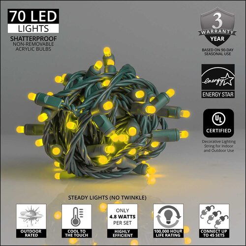 70 Lux360 TM D5 TM Gold LED Christmas Lights, Green Wire, 4" Spacing