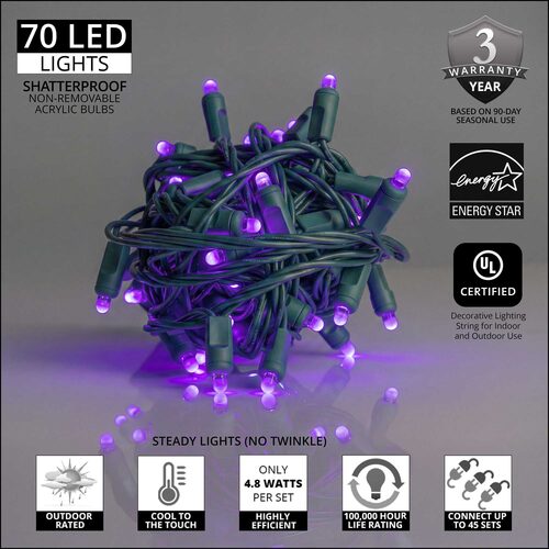 70 Lux360 TM D5 TM Purple LED Christmas Lights, Green Wire, 4" Spacing