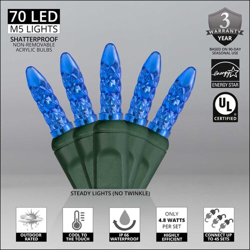 70 M5 Blue LED Lights, Green Wire, 4" Spacing