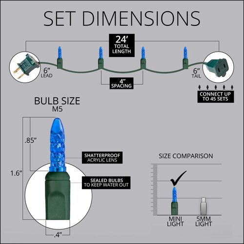 70 M5 Blue LED Lights, Green Wire, 4" Spacing