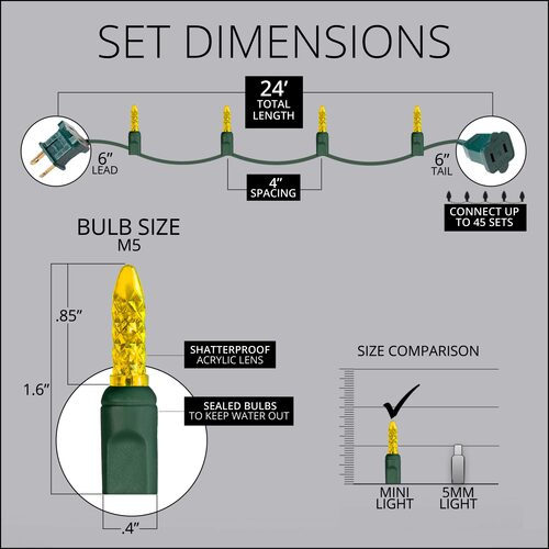 70 M5 Gold LED Lights, Green Wire, 4" Spacing