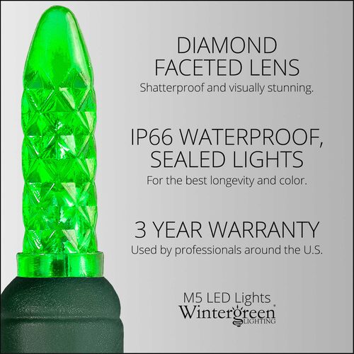 70 M5 Green LED Lights, Green Wire, 4" Spacing