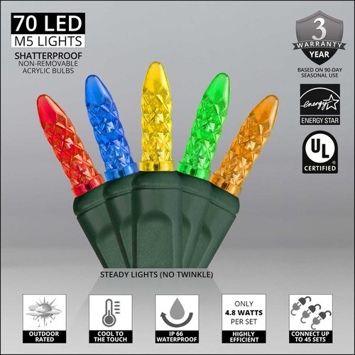 70 M5 Multi Color LED Lights, Green Wire, 4" Spacing
