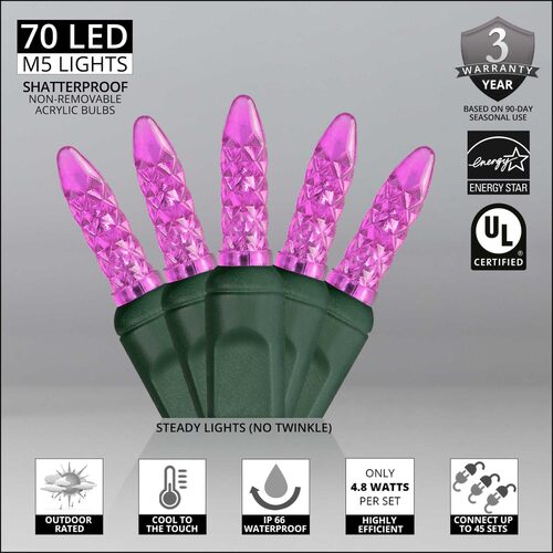 70 M5 Pink LED Lights, Green Wire, 4" Spacing