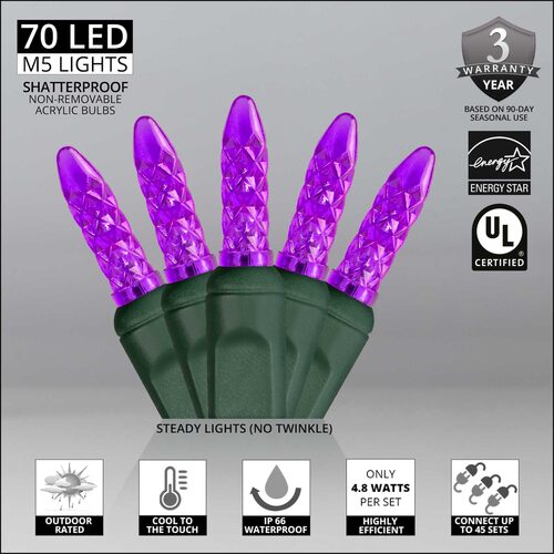 70 M5 Purple LED Lights, Green Wire, 4" Spacing