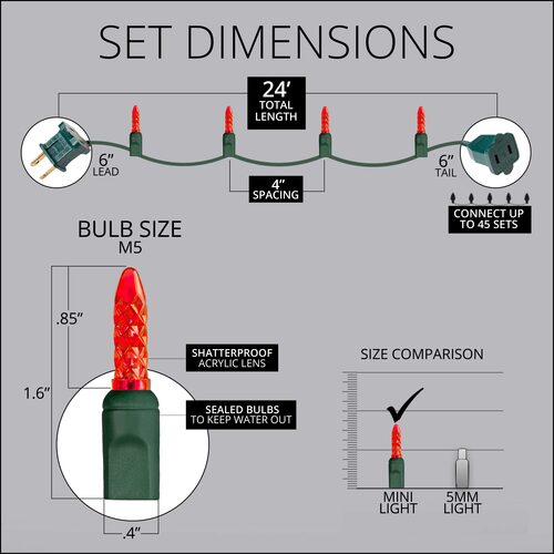70 M5 Red LED Lights, Green Wire, 4" Spacing