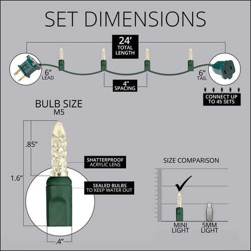 70 M5 Warm White LED Lights, Green Wire, 4" Spacing
