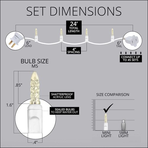 70 M5 Warm White LED Lights, White Wire, 4" Spacing