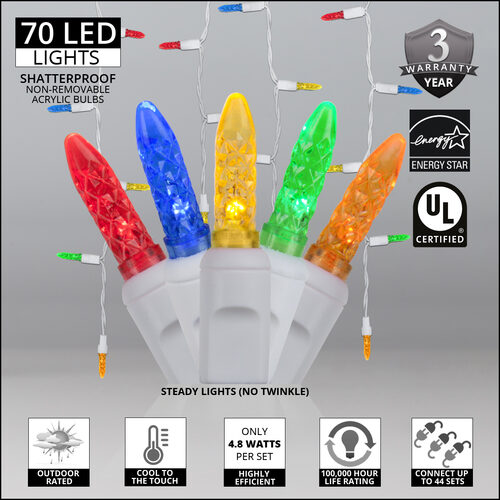 70 Multicolor M5 LED Icicle Lights on White Wire
