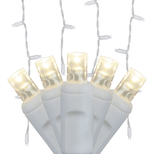 70 Warm White 5mm LED Icicle Lights on White Wire